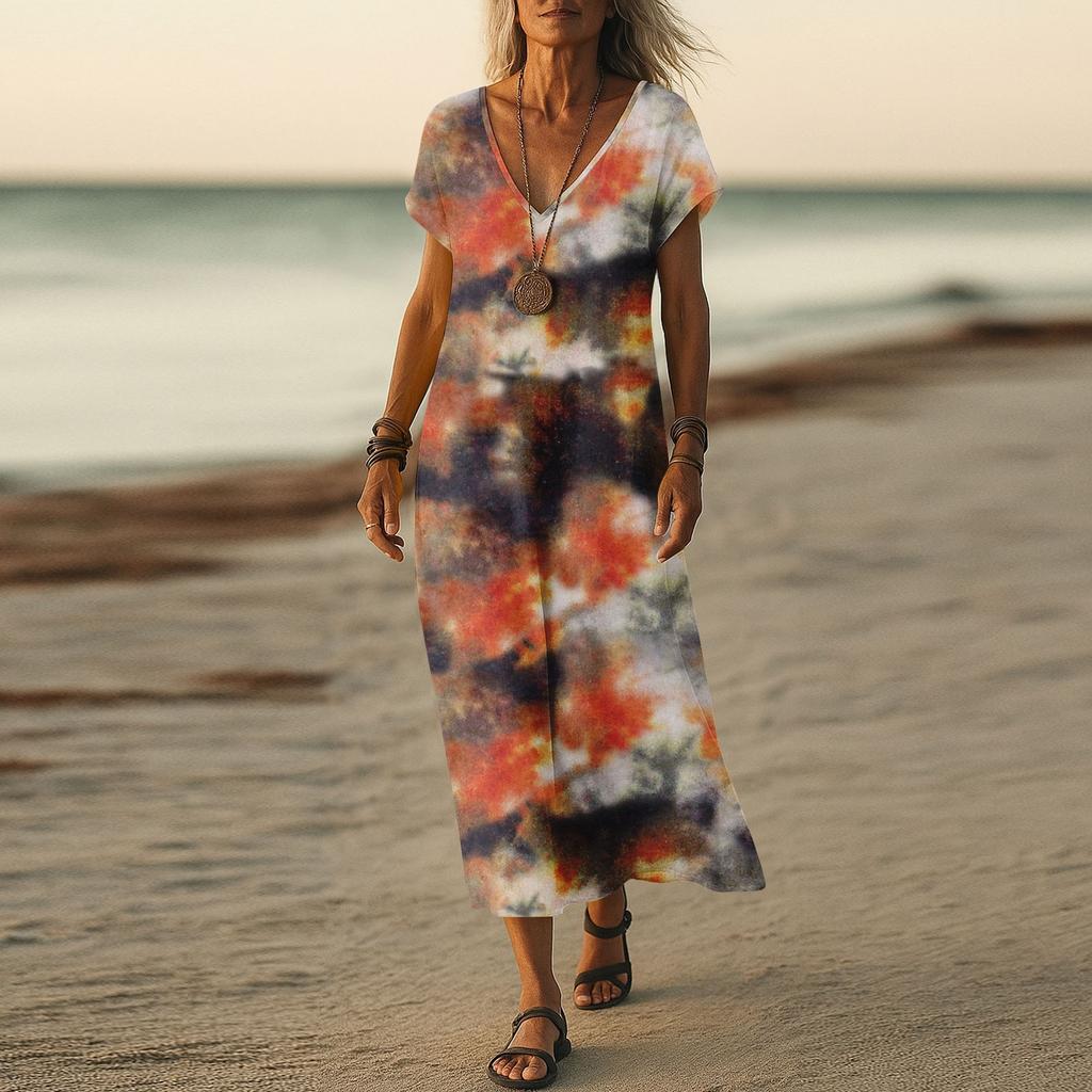 Summer Dress Women's Long Boho Beach Dress Elegant Maxi Dress V-Neck Short Sleeve Summer Tunic Dress Light Airy