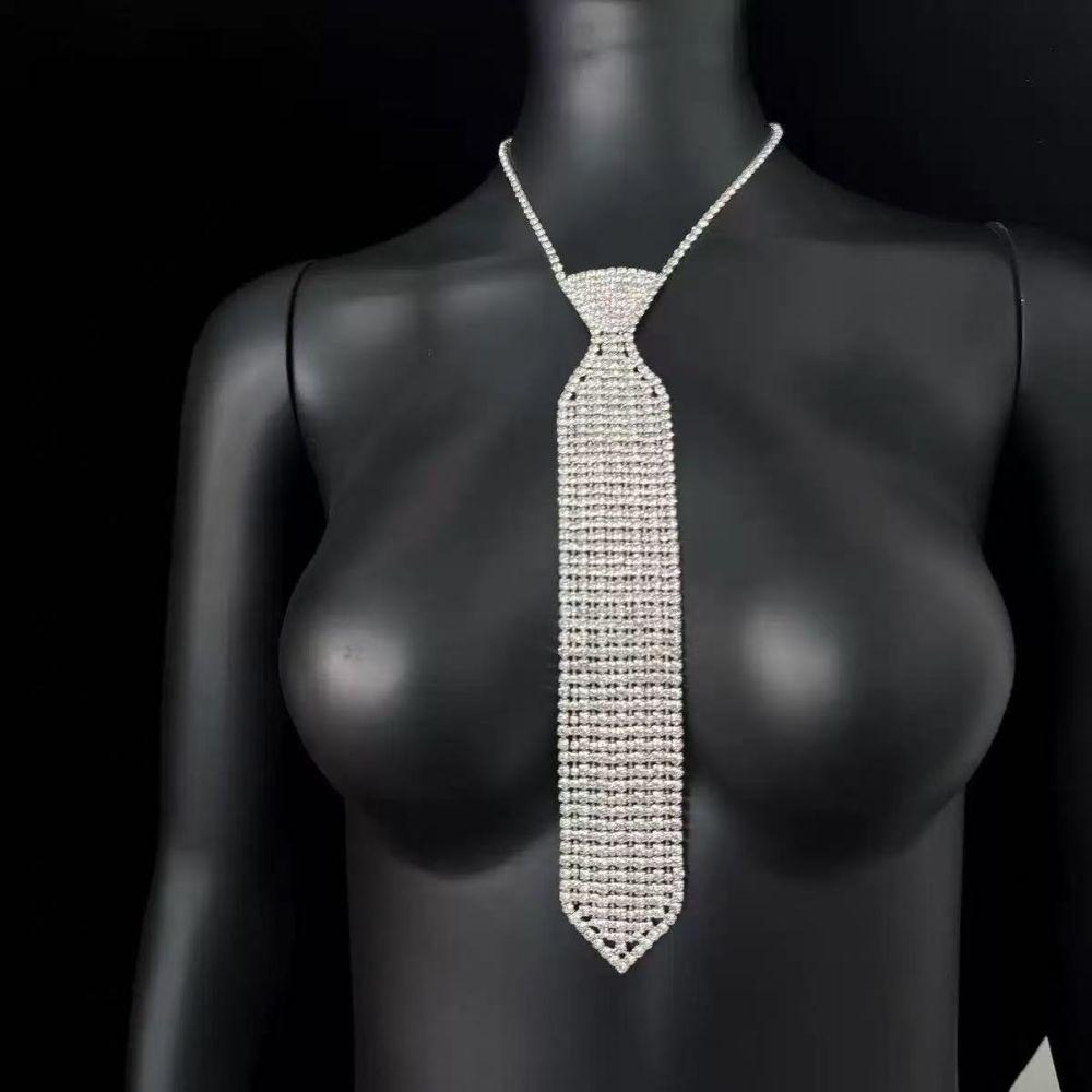 Silver Punk Neck Tie Adjustable Length Knot Free Necktie Crystal Necktie  Stage Costume Design