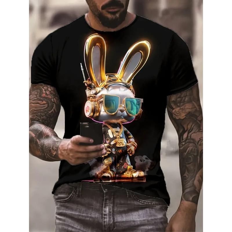 Neues Brillen tragendes Cartoon-Kaninchen Herren-T-Shirt Mode Tier- und Cartoon-Print-Design Rundhals Lässig Sport Herrenbekleidung