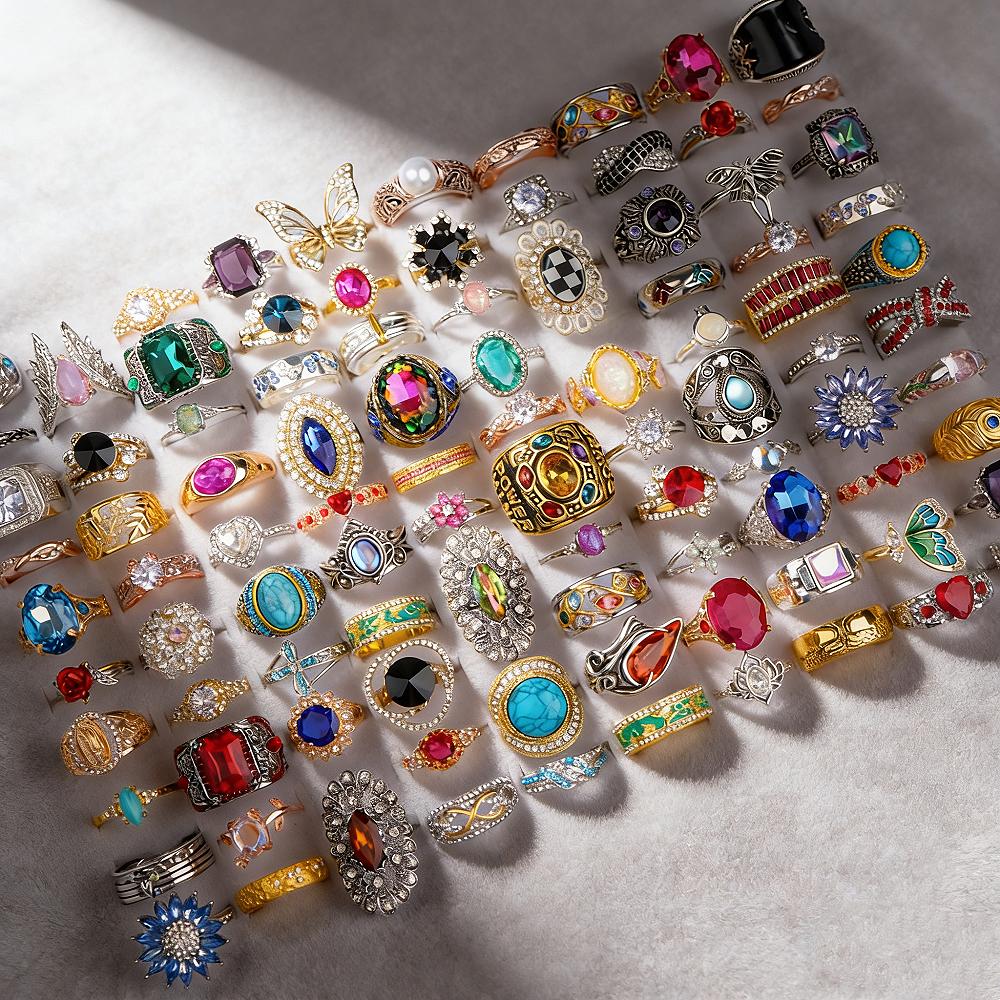 10/20/30/50Pcs/Lot Boho Fashion Luxury Colorful Rhinestone Rings Men Women Blingbling Jewelry Party Banquet Mixed Jewelry Gifts