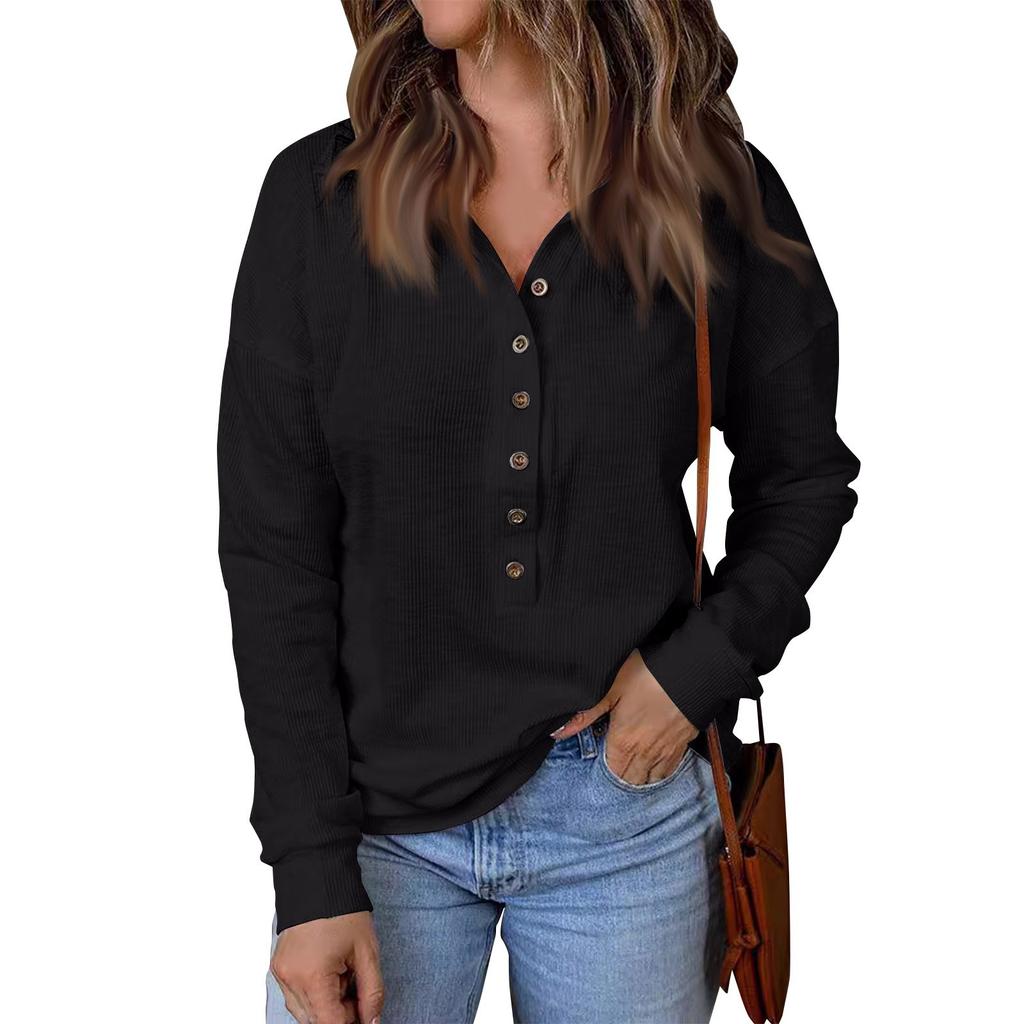 Women's Lapel Button Up Long Sleeved Top Pullover Color Knitted Sweater Loose Long Sleeved