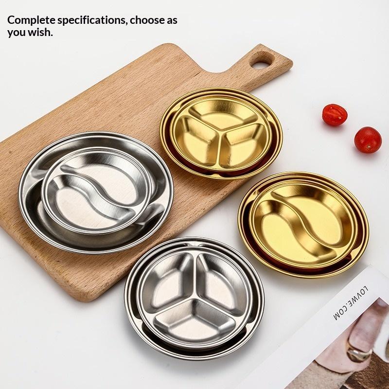 Stainless Steel Circular Divided Plate Sauce Dish Food Sauce Dish For Roast Meat Dipping Household Seasoning Snack Plate Kitchen
