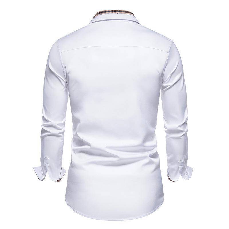 Men's Autumn Color Block Slim Fit Long Sleeve Checkered Collar Shirt