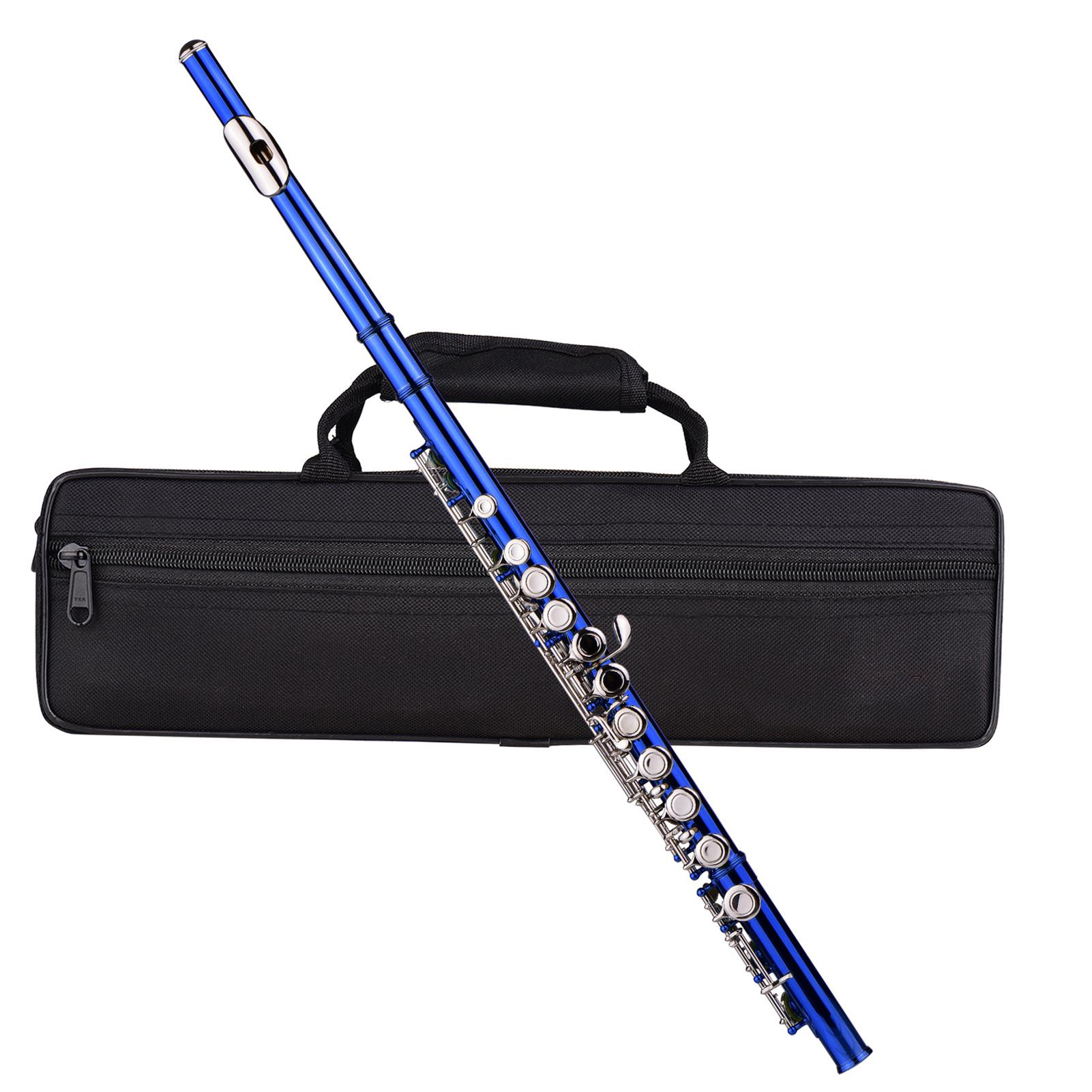 

Флейта C с закрытым отверстием, 16 клавиш, медно-никелевый никелированный духовой инструмент с футляром для переноски, подставка для флейты, перчатки, ткань для чистки, мини-отвертка, чистящий стержень темно-синий
