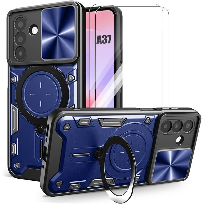 Coque Anneau - BOOLING - pour Samsung Galaxy A37 5G - avec Protection Caméra - Bleu Foncé - 2 Vitre