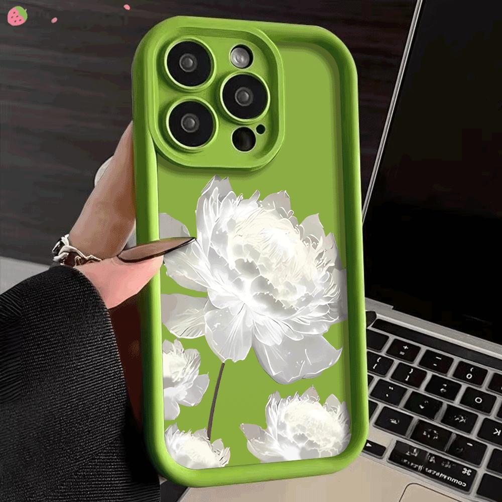 White Lotus Flower Silicone Case for iPhone 16 15 14 13 12 11 Pro Max XS XR X Anti-Scratch, Shockproof, Trendy Protective Cover