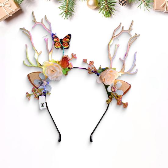 Christmas Hair Hoop Flower Butterflies Decor Antlers Design LED Light Headband Parties Performances Accessory