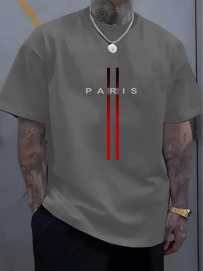 Summer Men's Cotton Casual Loose Large Size Paris Letter Pattern Printed Round Neck Short Sleeve Popular Holiday T-shirt