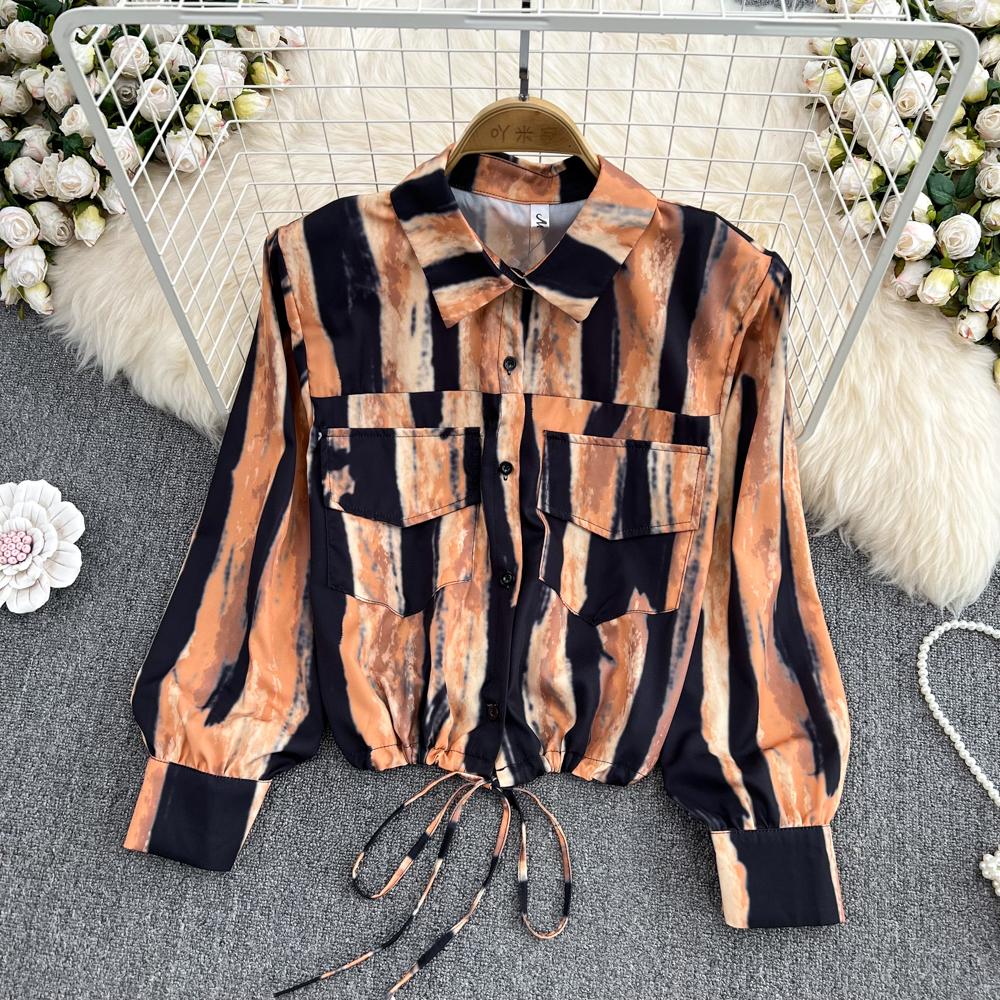 

RUGOD Женская осенняя рубашка в стиле ретро с тушью Tie Dye, солнцезащитный крем, свободная рубашка на шнурке, короткий топ с высокой талией