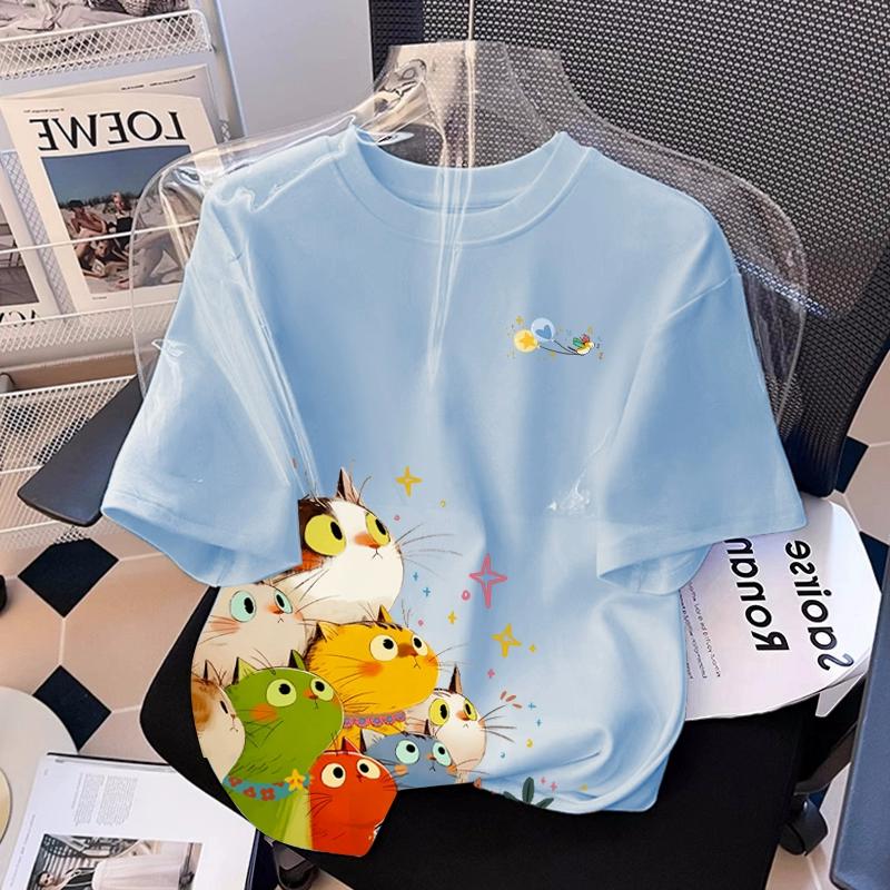 T-shirt Stampata con Grafica di Gatto Cartone Animato per Ragazza Estiva Casual da Donna per Bambini a Maniche Corte Abbigliamento