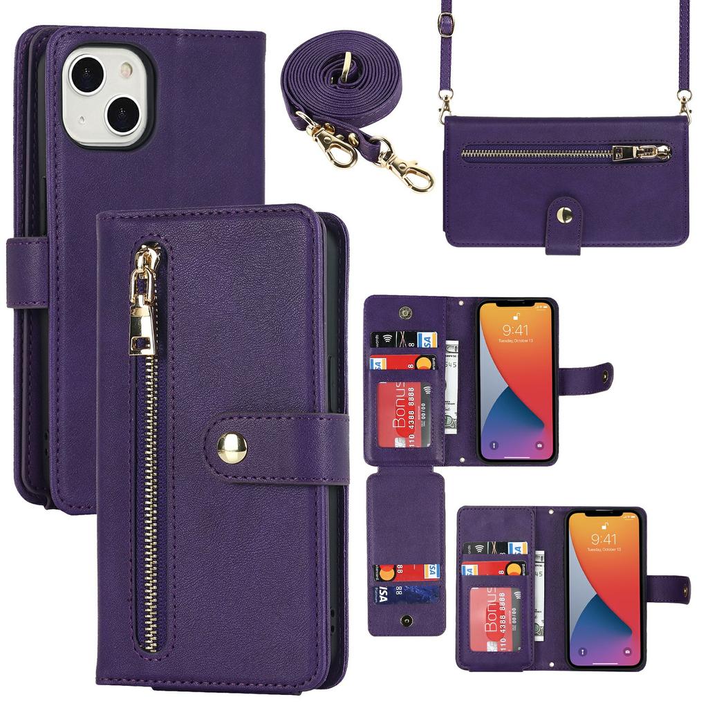 For iPhone 13 Mini Stand Case PU Leather Phone Cover with Straps/Zipper Wallet/Multiple Card Slots