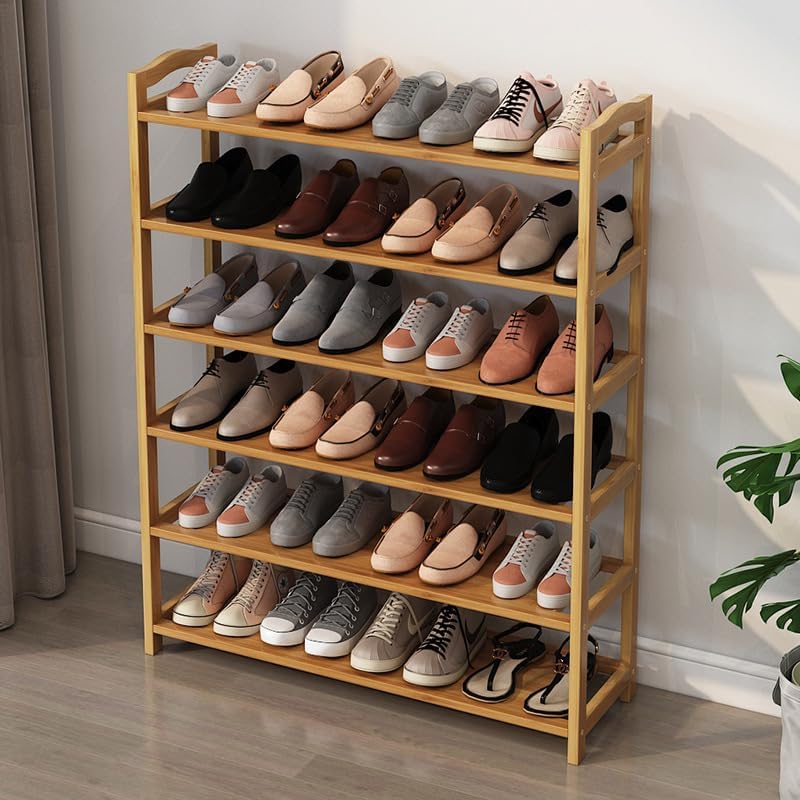 6-Tier Shoe Rack for Entryway, Natural Bamboo Wood Shoe Rack 24 Pairs Shoe Organizer Closet (26.77 x 9.84 x 35.43)(L x W x H)