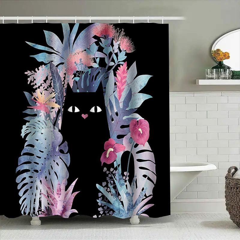 Cat Leaf Pattern Shower Curtain Tropical Plants Nature Bathroom Decor Waterproof Liner Vintage Floral Backdrop Washable