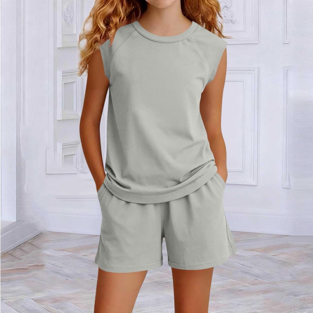 Set de vară casual pentru fete: Top fără mâneci tip maiou și pantaloni scurți cu talie înaltă și picior larg