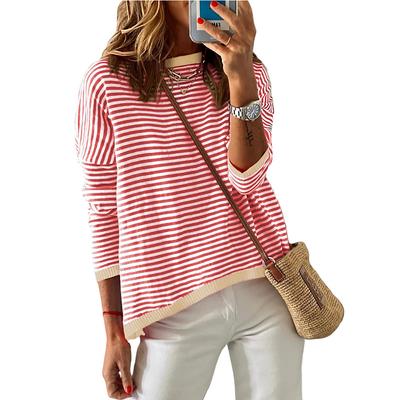 Herbst Damen Rundhals Gestreiftes Langarm Casual Top