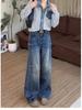Plus Size Retro Wide-Leg Fleece-Lined Denim Pants for Women - Autumn/Winter