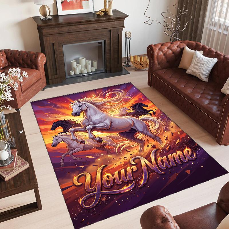 Horse Theme Crystal Velvet Floor Rug Personalized Custom Name Text Warm Carpet Home Decoration
