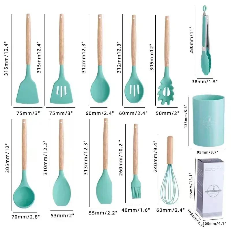 12Pcs Kitchen Cooking Utensils Set Wooden Handle Cooking Tool Non-stick Cookware Spatula Shovel Egg Silicone Kitchenware Beaters