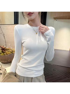 Women's White Round Neck Long-Sleeve T-Shirt - Slimming Versatile Base Layer for Autumn 2025