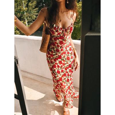 Romantisches Urlaubs-Maxikleid im Vintage-Französisch-Stil Mit Schnürung an der Taille Blumendruck Trägerlos Enganliegend Langes Unterkleid