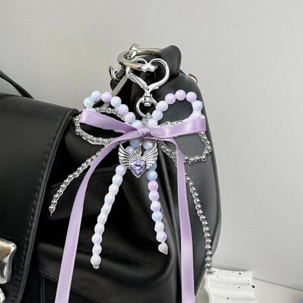 Lovely Ribbon Beads Bowknot Keychain Fashion Statement Key Holder Stylish Purse Embellishment for Various Occasion