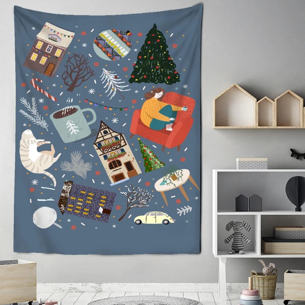 Cartoon Santa Claus Pattern Tapestry Home Bedroom Living Room Wall Decoration Christmas Theme Tapestry
