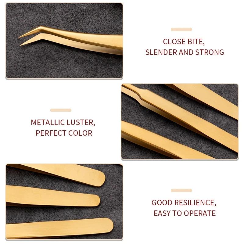1PC Gold Stainless Steel Precision Curved Tip Tweezers,Professional Eyelash Extension Applicator Lash Makeup Supplies