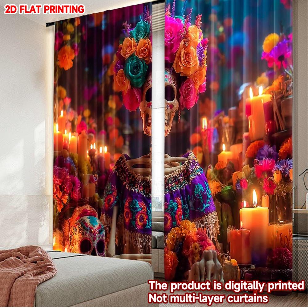 

Шторы Цветочная корона из черепов Цифровая печать Календула сахарная Узор со свечами Тема Дня мертвых Декор для комнаты Комплект из 2 шт. Изготовлено из полиэстера W100*H70(CM)-Hooks&1PCS