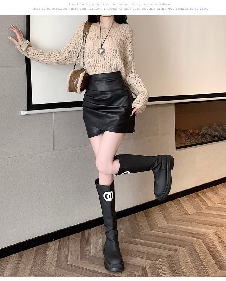 High-Waisted Black A-Line Irregular Leather Short Skirt for Women, Spring/Winter 2026