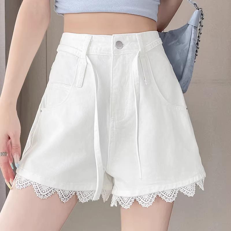 Women's High-Waisted A-line Denim Shorts with Lace Trim