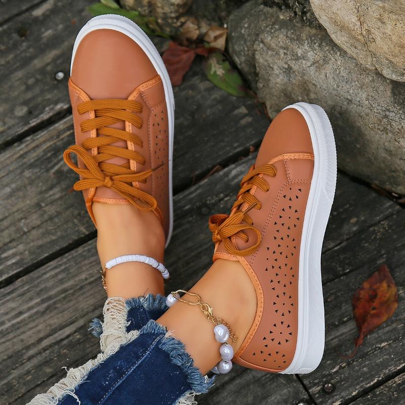 Damen Schnür-Sneakers für Erwachsene Hollow Low Atmungsaktiver Absatz Neue Mode Damenschuhe Einfarbig Herbst Frau Vulkanisierte Schuhe