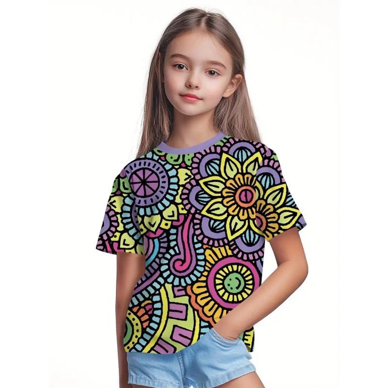 Beautiful T-Shirt for Girls Beautiful Flower 3D Print Summer Fashion Round Neck Short-Sleeved Tops Casual T-Shirts for Children