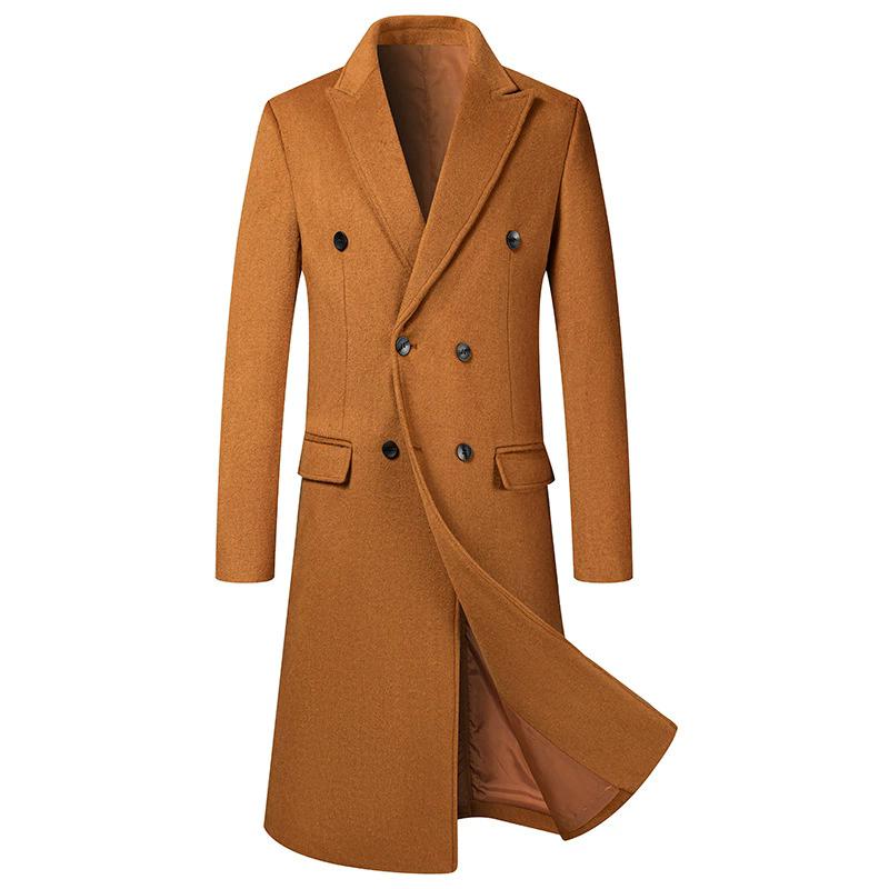

Autumn Winter Men s Long Wool Blends Coats England Style Solid Color Double Breasted Woolen Outerwear Men Smart Casual Trench L верблюд
