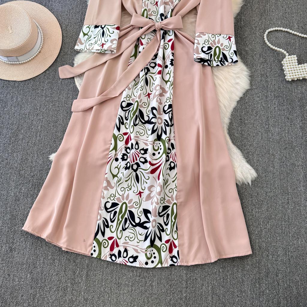 Podzimní Vintage Dámské Tištěné Patchworkové Dlouhé Šaty Elegantní O-Výstřih Vysoký Pas A-Linie Ležérní Maxi Šaty Dámské Sváteční Šaty