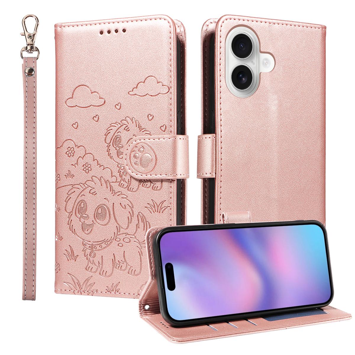 

For iPhone 17 Case RFID Blocking Imprinted Dog Pattern PU Leather Phone Cover with Wrist Strap Pink