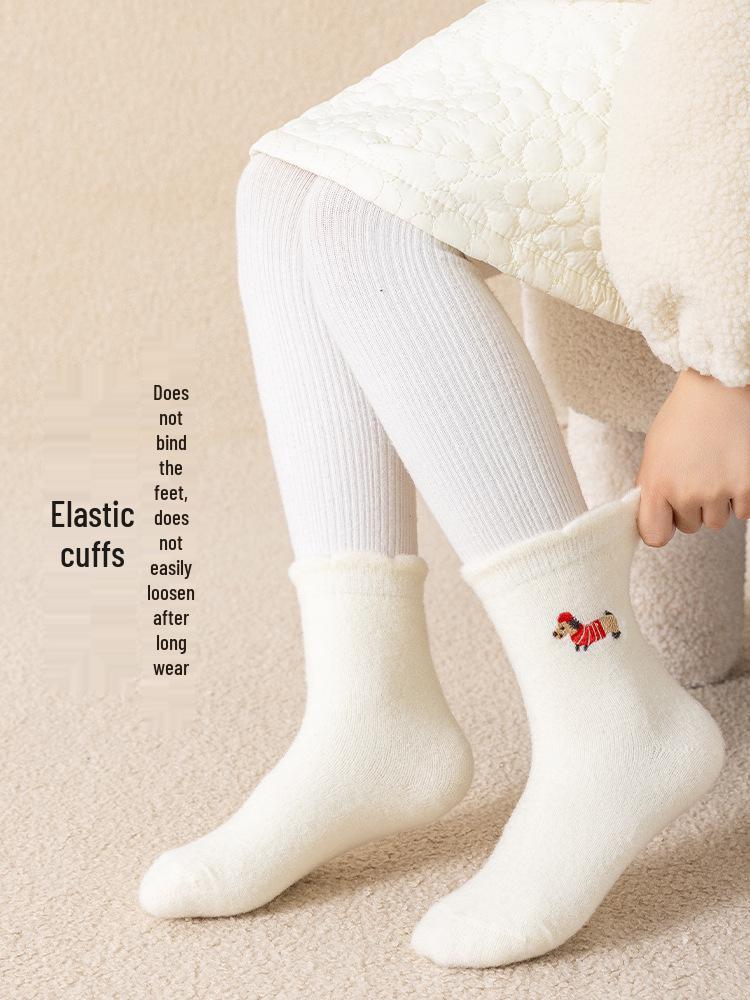 Kids' Autumn-Winter Thick Plush Socks - Cute Embroidered Puppy Design, Korean Style, Warm Mid-Calf for Girls