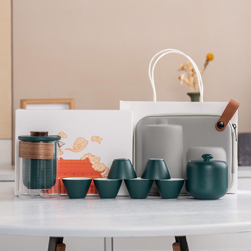 Yuanshan suet jade porcelain travel tea set outdoor set high-end celebration commemorative business souvenir gift box gift bag
