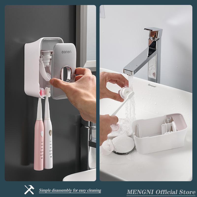 Premium MENGNI Automatic Toothpaste Dispenser Wall-Mounted Bathroom Toothpaste Squeezer Punch-Free Toothbrush Holder Rack Bathroom Acces