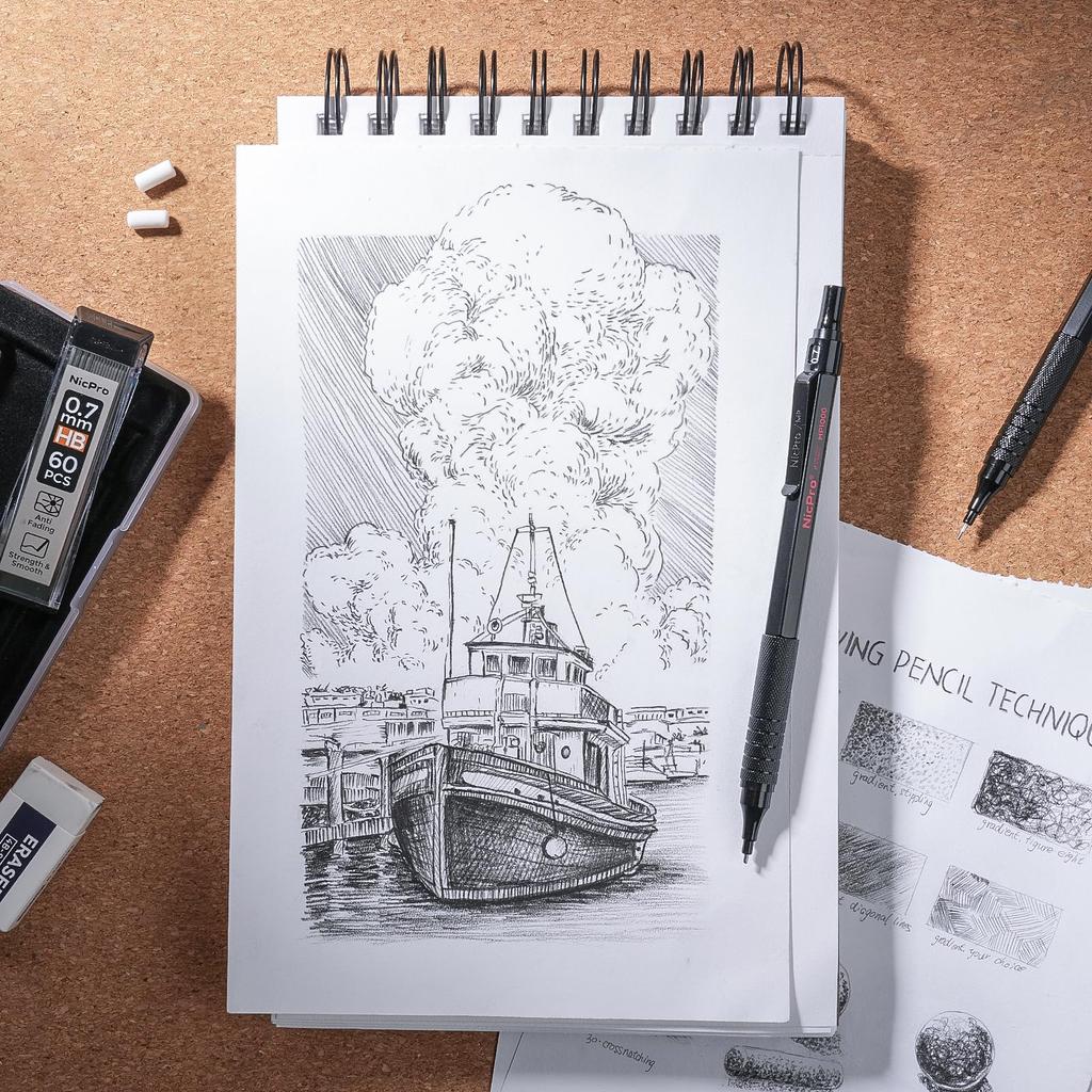 Nicpro Black Art Mechanical Pencil 5pcs Metal Drafting Pencils Mm 2mm Graphite Lead Holder for Sketch Drawing with 9 Tubes 2B HB 2H Lead Refill Eraser