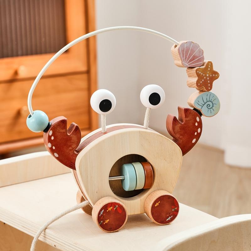 Baby Toy Wooden Cartoon Crab Rattle Hand-pushed Wooden Cars Children's Toy  Finger Fine Motion Car Educational Toy for Children