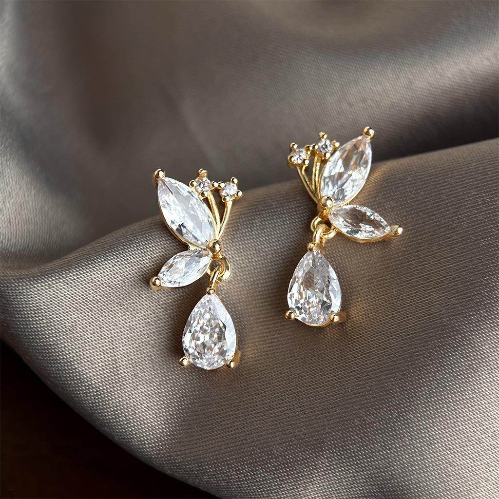 Elegant Zircon Butterfly Water Drop Earrings: Simple, High-End, Light Luxury Studs