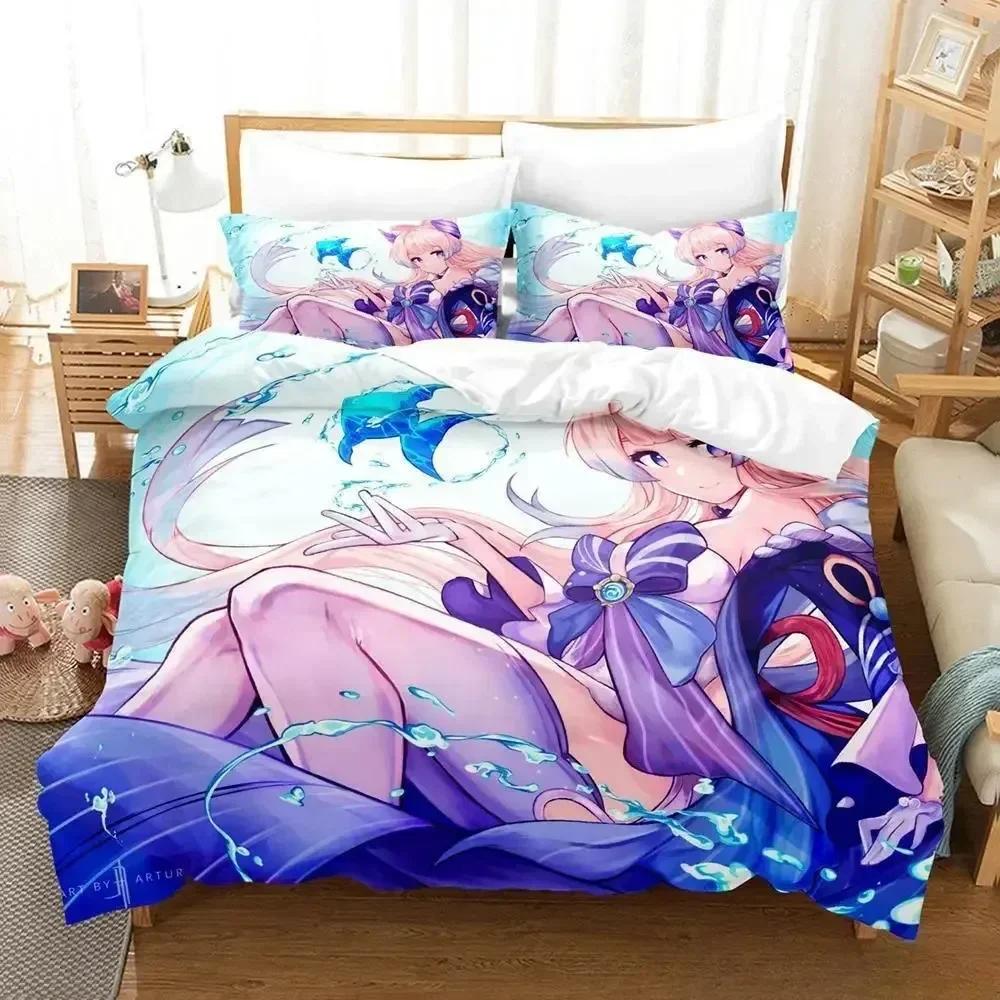 Genshin Impact Sangonomiya Kokomi Bedding Set Cartoon Anime Three-Piece Set Adult Kid Bedroom Duvet Cover Sets 3D Kawaii Girls