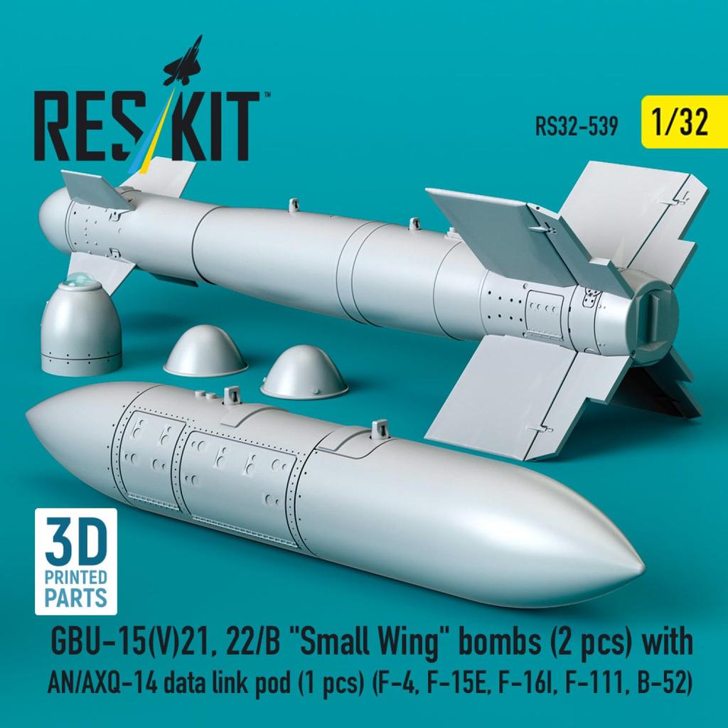 Reskit Guided Bombs with Data Link Pod Plastic Model Kit Parts 1/32 GBU-15(V)21, 22/B (2 Pieces) AN-AXQ-14 (1 Piece) RSK32-0539 (Airplane)