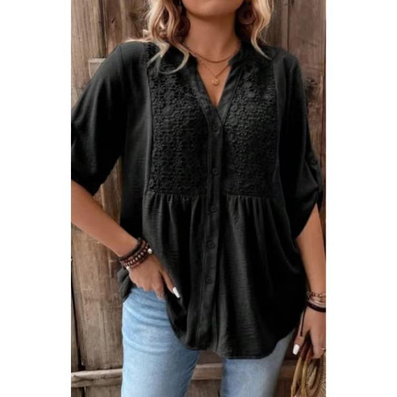 Plus Size Women S Lace Splice V Neck Long Sleeve Shirt