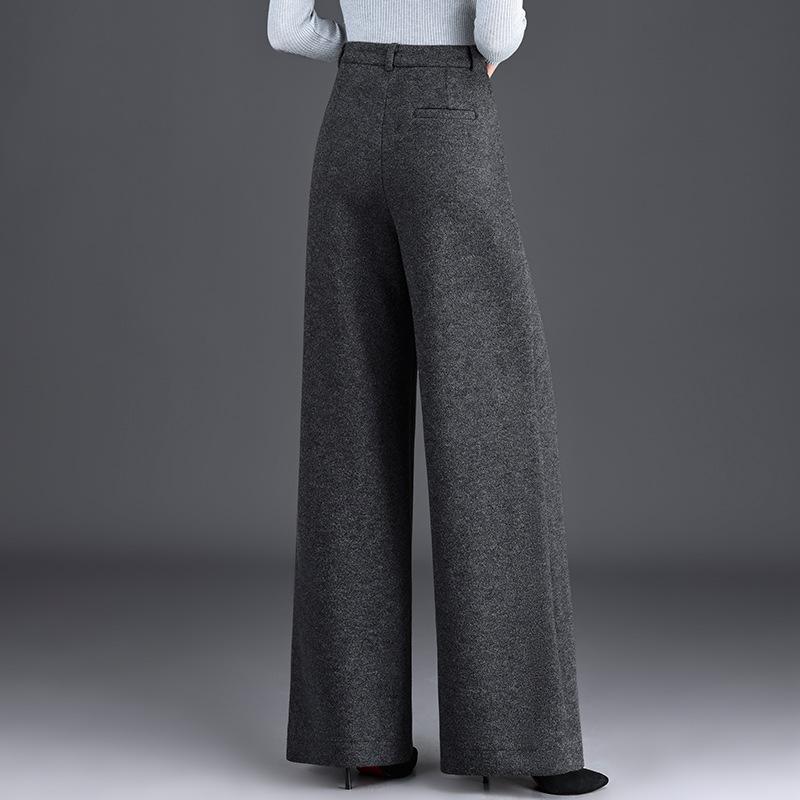 Women's High Waist Wide Leg Pants Straight Leg Pants Elegant Commuter Style Thick Woolen Fabric Pocket Design Winter Casual Long Trousers