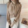 Korean Style Lantern Sleeve Knitted Ring Buckle Chiffon Blouse - Women's Long Sleeve Pullover Top