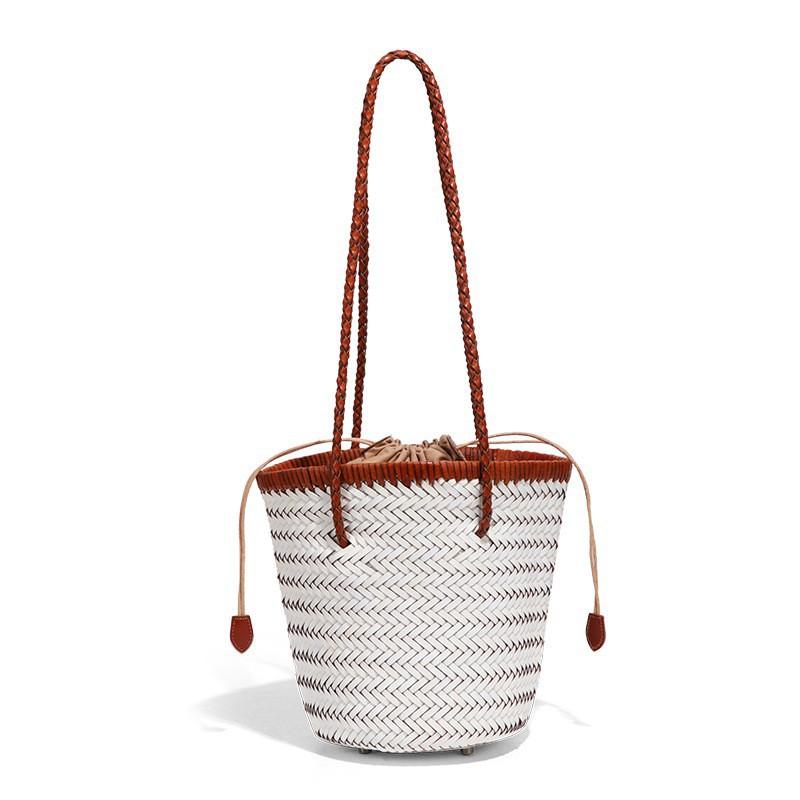 

Ins Top-layer Cowhide Knitted Tote Bag Simple French Cylindrical Vegetable Basket All-matching Single-shoulder Bucket