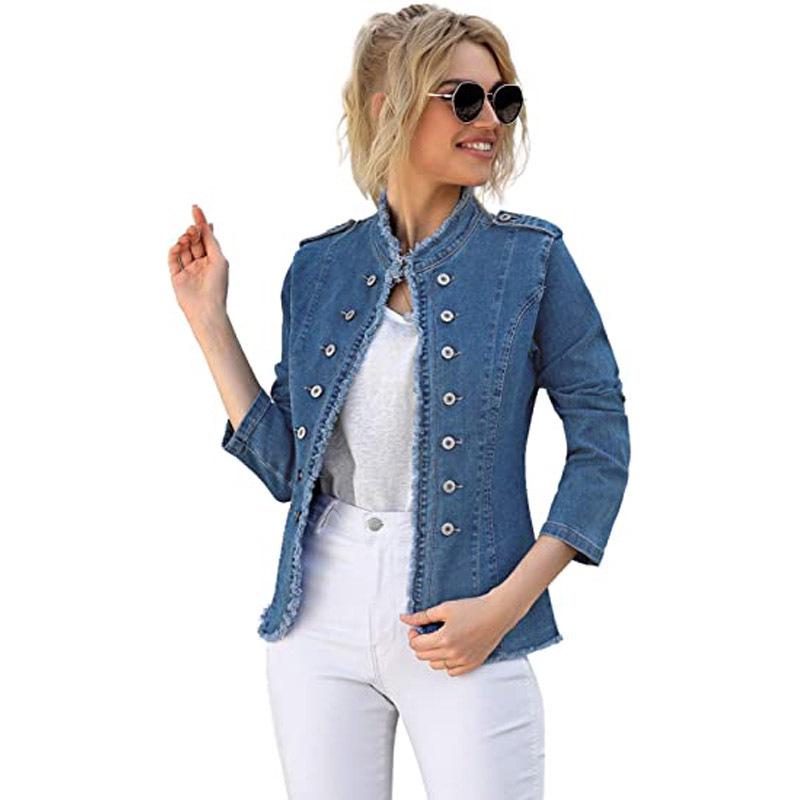 American Style Frayed Denim Slim Fit Jacket for Women - Single-Breasted, Long Sleeve, Spring/Autumn