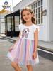 Spring/Summer 2026 Girls' Ruffle Sleeve Mesh Dress with Cute Animal Print