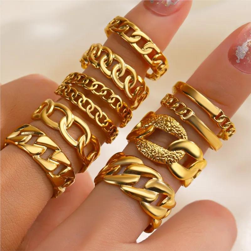 1Pcs Stainless Steel Geometric Chain Hollow Ring For Women Trendy Simple Personality Open Ring Waterproof Jewelry Accessories